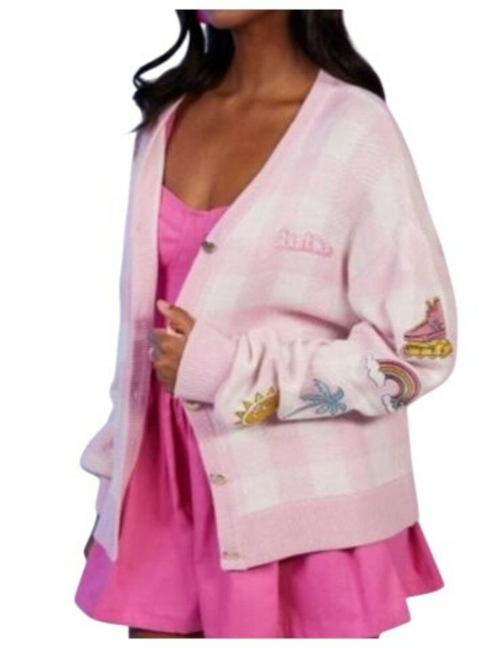 Barbie Pink Plaid Cardigan Embroidered Roller Skate Rainbow Palm Sun Motifs Sz M